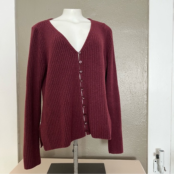 Abercrombie & Fitch Wool Blend Ribbed Button Front Cardigan Sweater Burgundy L - Picture 15 of 16